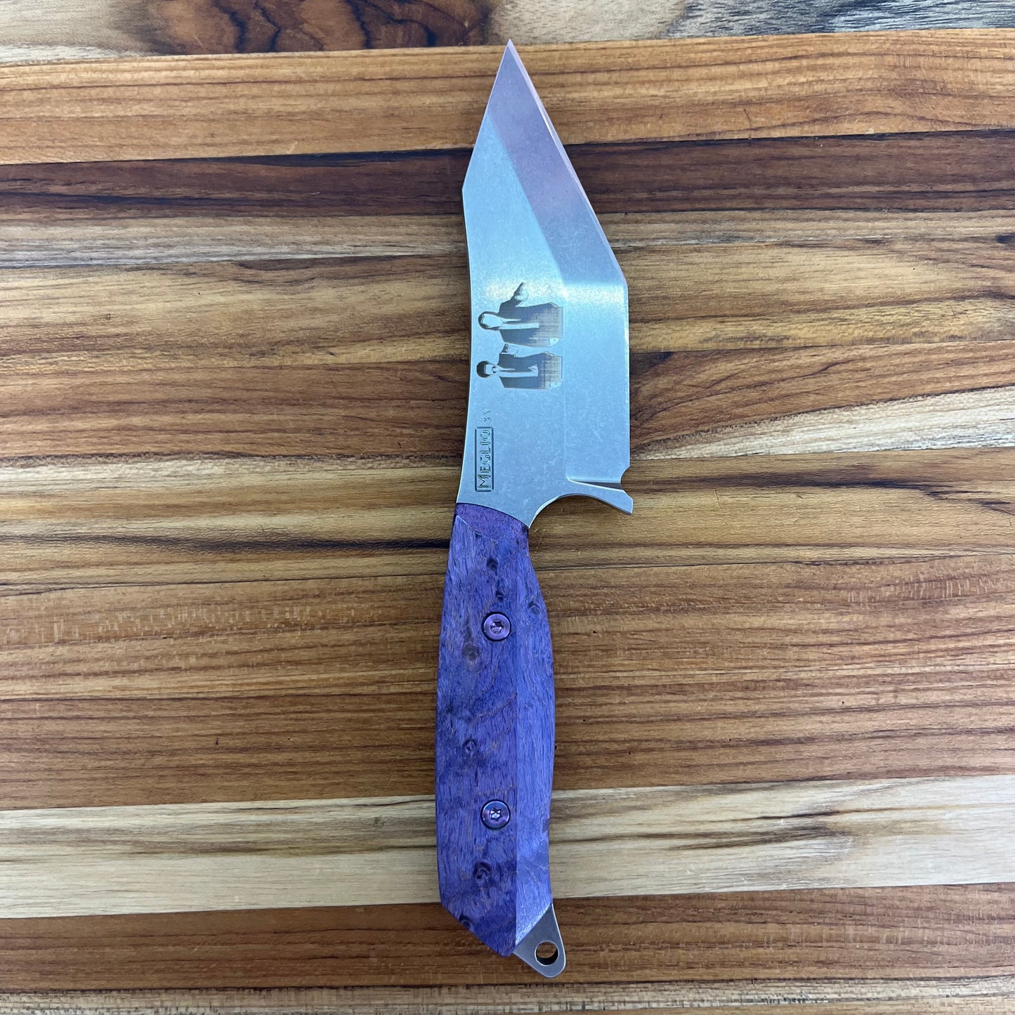 Meglio Blade Show Semi-Custom H-Series 4" Outdoor Kitchen Knife w/ Lasered Pulp Fiction & Purple Bird's Eye Maple Handle