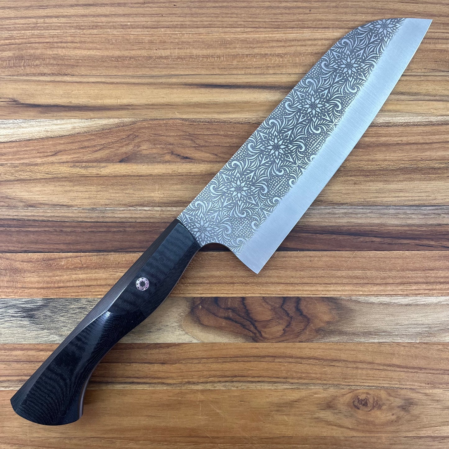 Running Man Forge Semi-Custom 170mm (6.75") Santoku w/ Laser Engraving & Black Micarta Handle