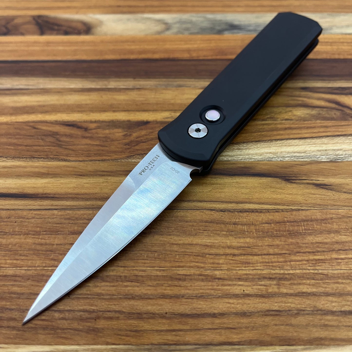 Pro-Tech Godson 3.15" Auto w/ Mother of Pearl Button & Black Aluminum Handle
