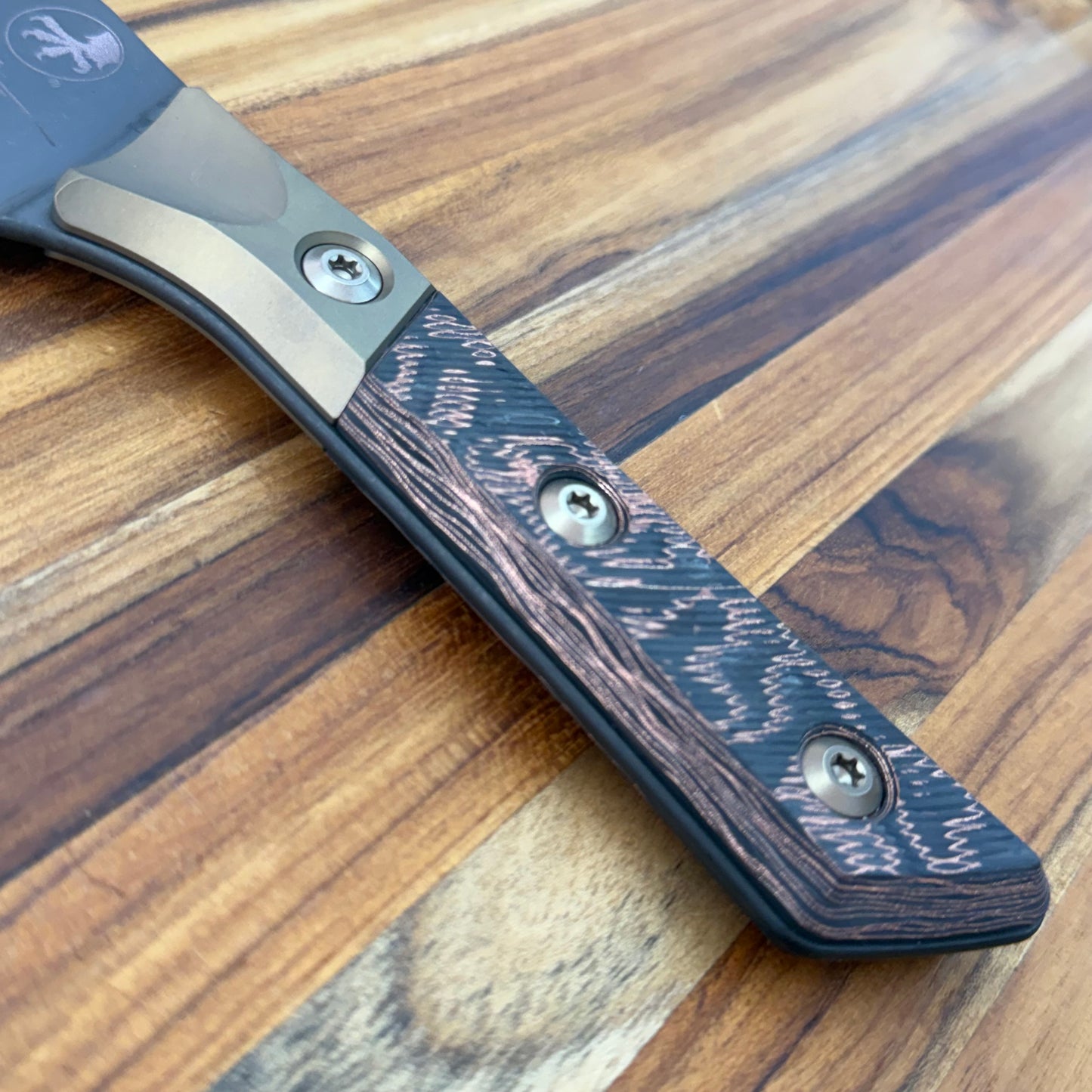 Microtech Signature Series Culinary 6" DLC Santoku w/ Bronze Titanium Bolster & Livewire Carbon Fiber Handle