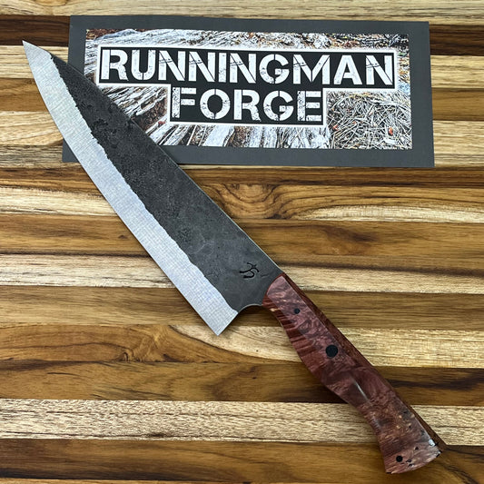 Running Man Forge Custom 215mm (8.5") Thin Forged Gyuto w/ Burgundy Maple Burl Handle