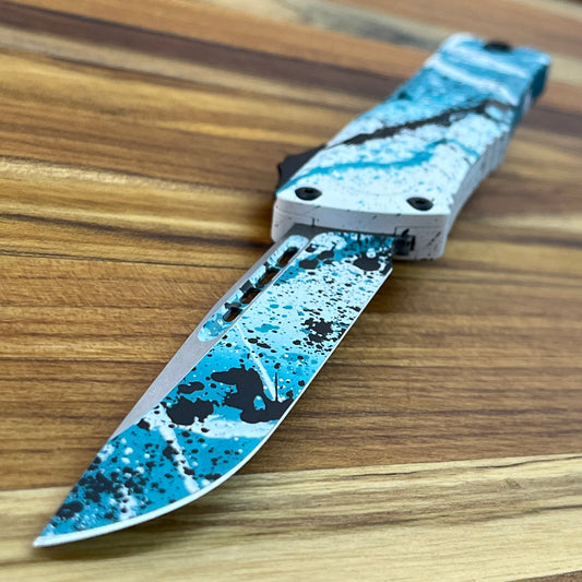 Microtech Combat Troodon Gen III S/E 4" OTF w/ Turquoise/White Black Splatter Aluminum Handle