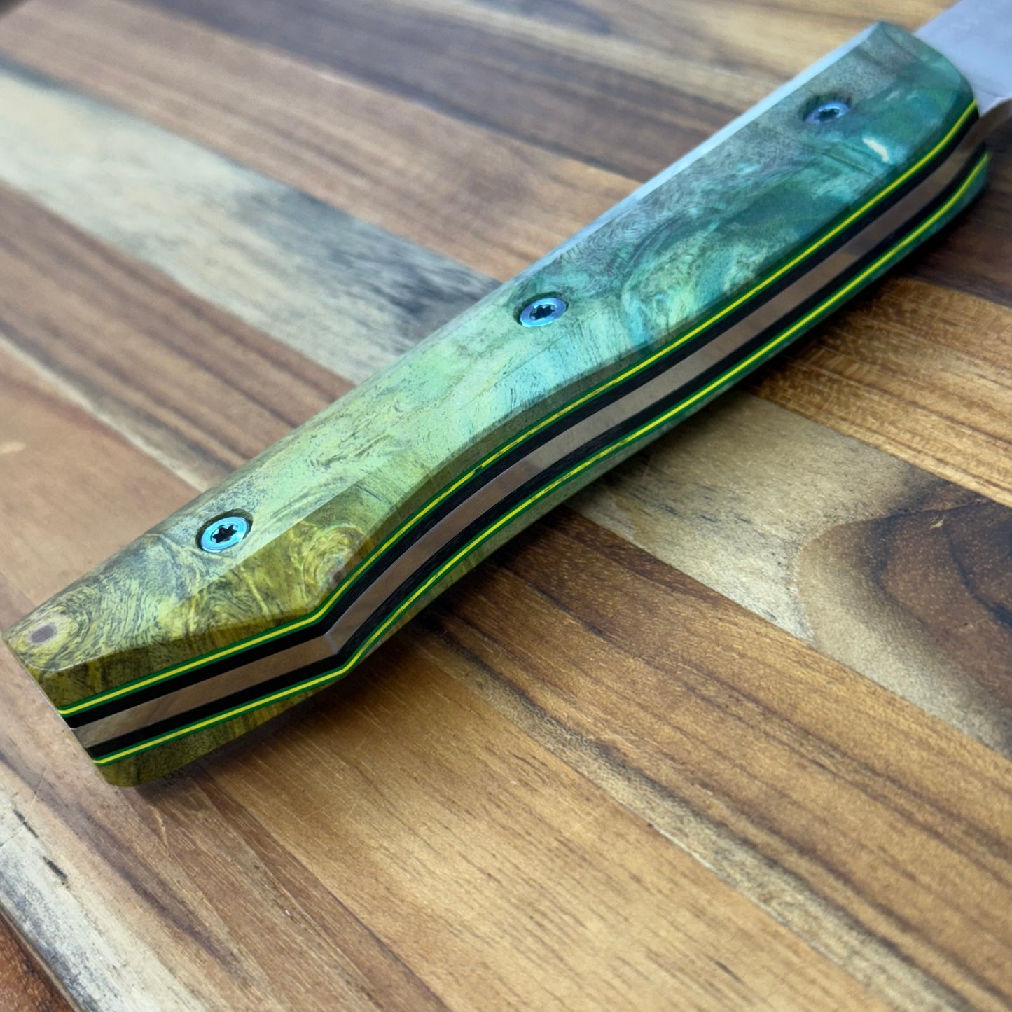 Meglio Blade Show Semi-Custom 10" Western Chef's Knife w/ Lasered Abstract Beauty & Green/Yellow Box Elder Handle