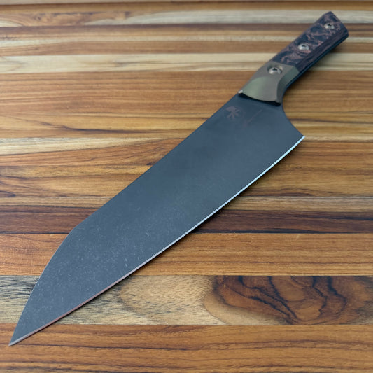 Microtech Signature Series Culinary 8" DLC Chef's Knife w/ Bronze Titanium Bolster & Livewire Carbon Fiber Handle