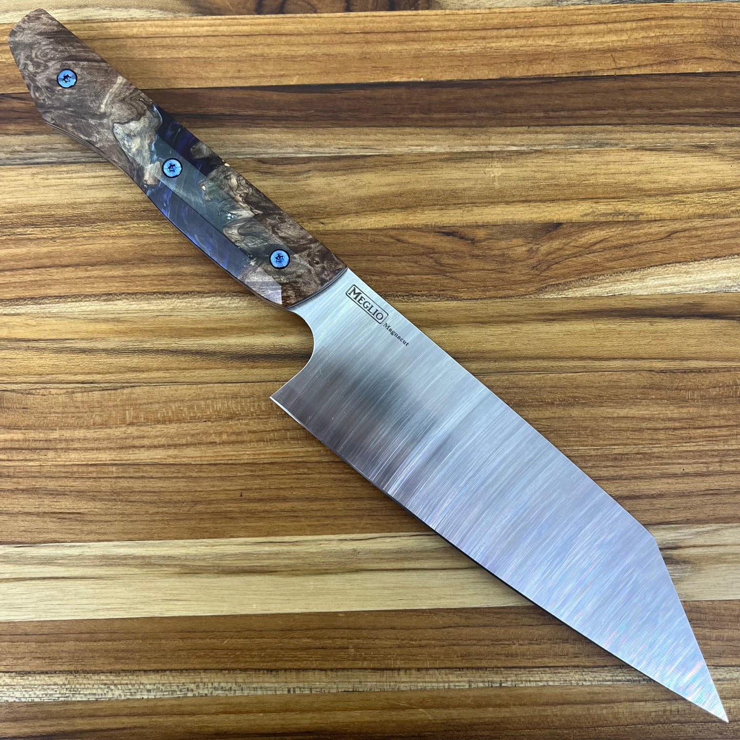 Meglio Blade Show Semi-Custom 6.5" Satin Kiritsuke w/ Spalted Maple Burl & Dark Blue Resin Handle