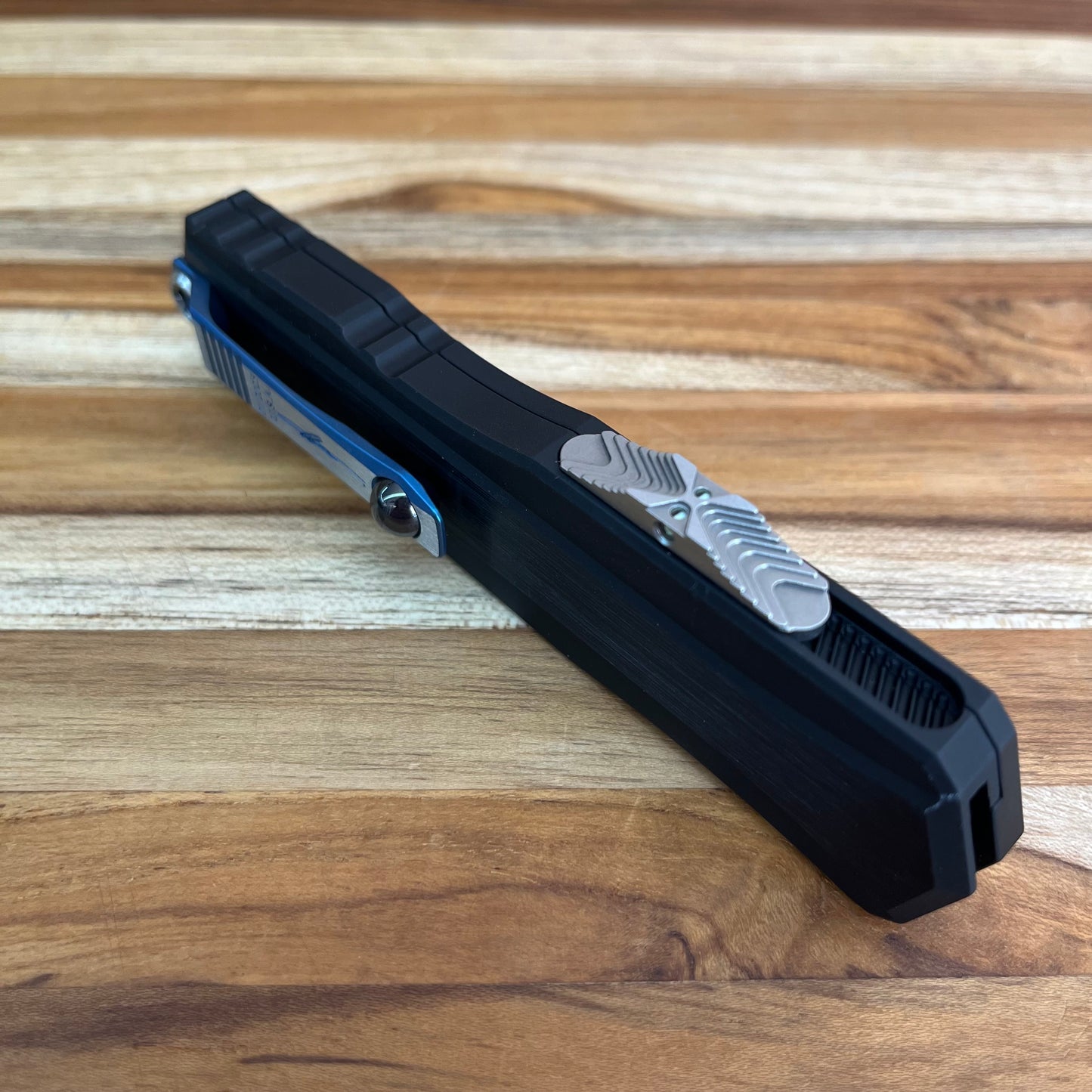 Microtech Signature Series Marfione Select Blued Baker Forge S/E Coppermai Damascus Cypher II Gen III 3.25" OTF w/  Hefted Black Aluminum Handle & Tritium Insert