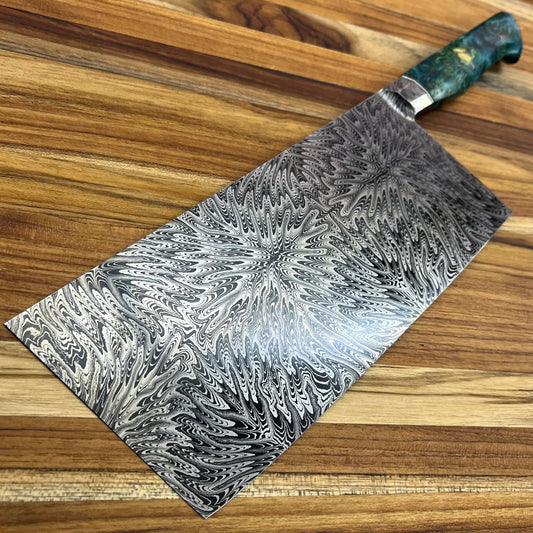 Patterson Forge Custom 215mm (8.5") Vegetable Cleaver w/ Mosaic Damascus & Yellow Cedar Handle