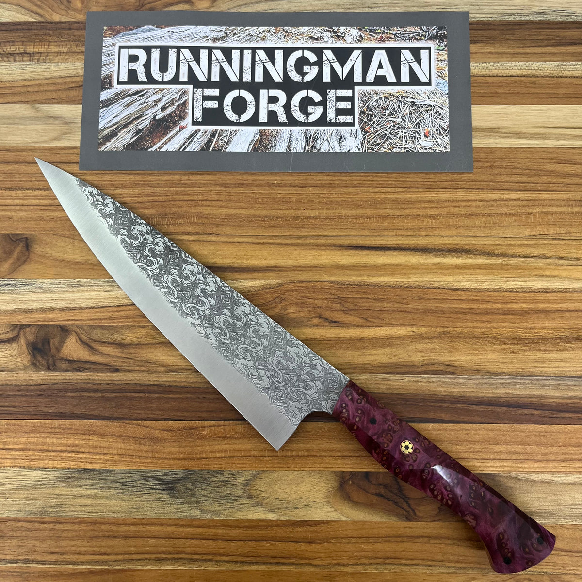 Running Man Forge Semi-Custom 210mm (8.25") Chef's Knife w/ Laser Engraving & Magenta Maple Handle
