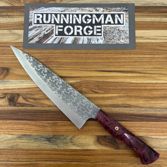 Running Man Forge Semi-Custom 210mm (8.25") Chef's Knife w/ Laser Engraving & Magenta Maple Handle