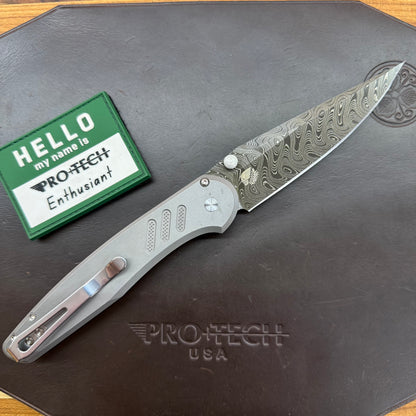 Pro-Tech Blade Show Custom Avalon 4" Folding Knife w/ Chad Nichols Boomerang Damascus Blade & Knurled 17-4 Stainless Steel Handle