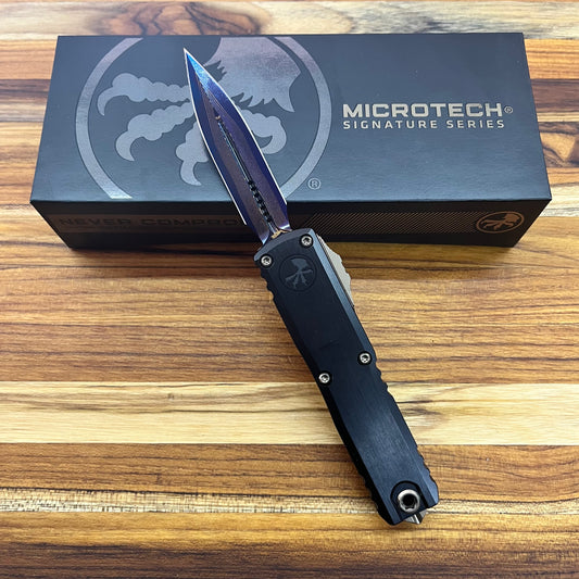 Microtech UTX-85 Gen III D/E 3" OTF Marfione Select Blued Baker Forge Coppermai Damascus w/ Blue Titanium Accent