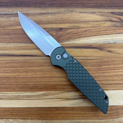 Pro-Tech TR-3 3.5" Auto w/ Green Fishscale Engraved Handle