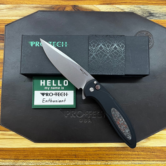 Pro-Tech *Limited Edition* Cambria Flipper 3.5" Folding Knife w/ Black Lip Pearl on Black Aluminum & TechnoCarbo Red Inlay