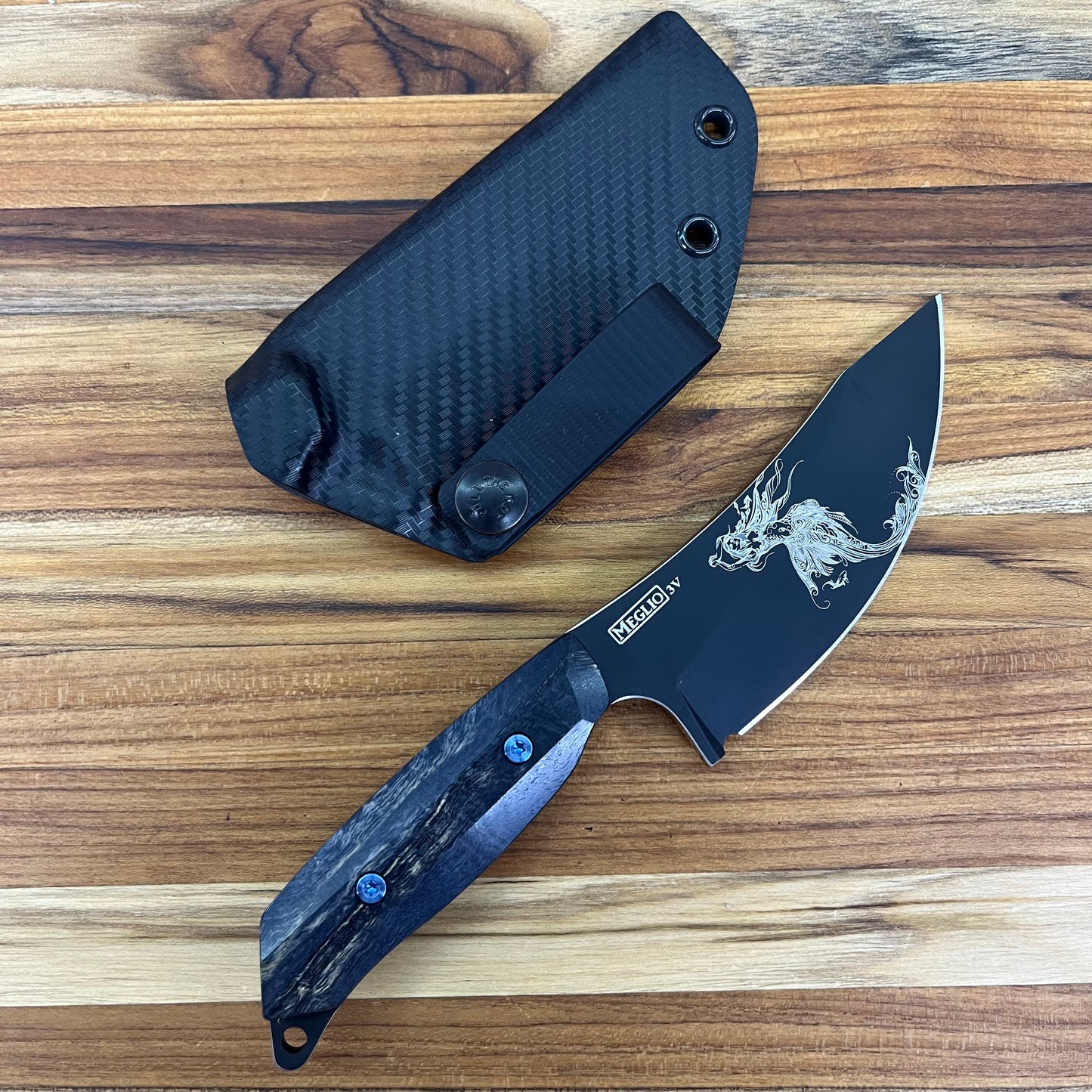Meglio Blade Show Semi-Custom H-Series 4" Outdoor Kitchen Knife w/ Lasered Calypso & Blue/Black Primavera Handle