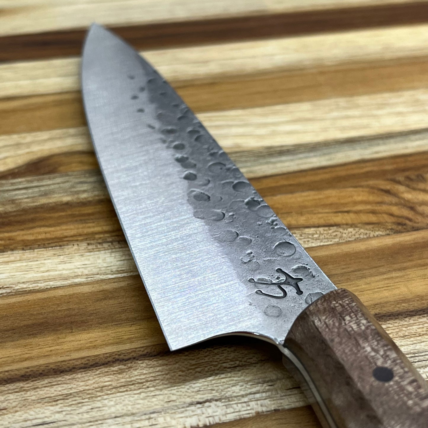 Running Man Forge Custom 150mm (6") Thin Forged Petty w/ Brown Maple Burl Handle & Gold Mosaic Inlay