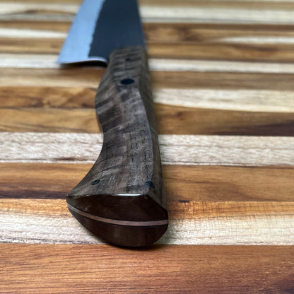 Running Man Forge Custom 215mm (8.5") Thin Forged Gyuto w/ Grey-Brown Curly Walnut Handle