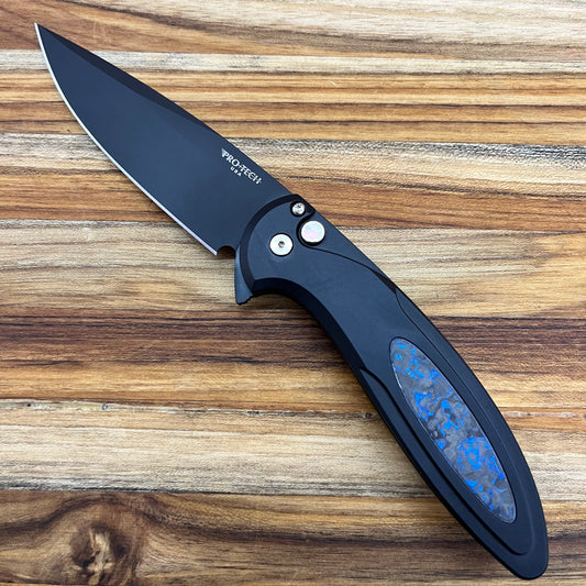 Pro-Tech *Limited Edition* Cambria Flipper 3.5" Folding Knife w/ Black Lip Pearl on Black Aluminum & TechnoCarbo Blue Inlay