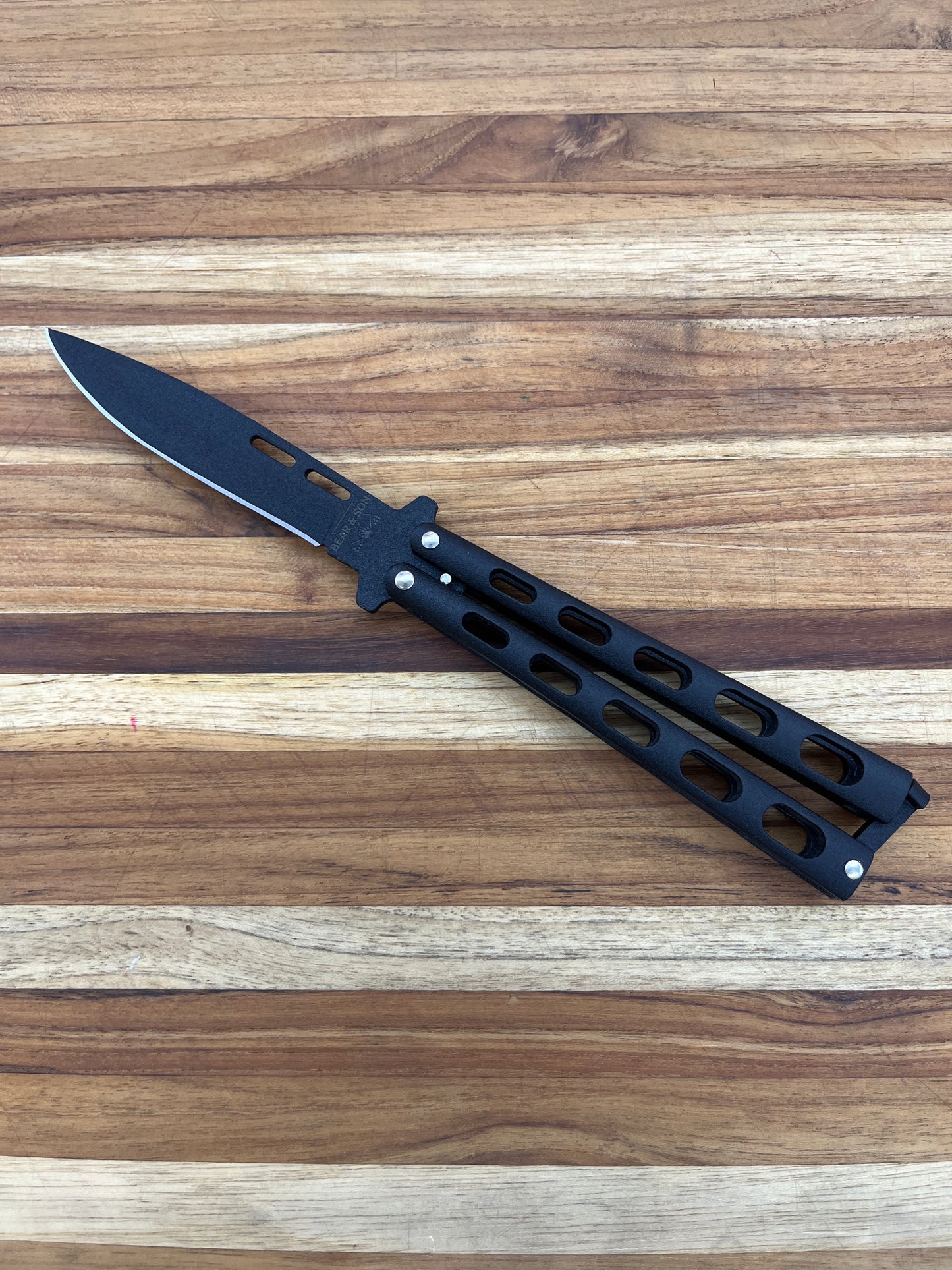 Bear & Son Butterfly Knife 3.5" w/ Black Zinc Handles