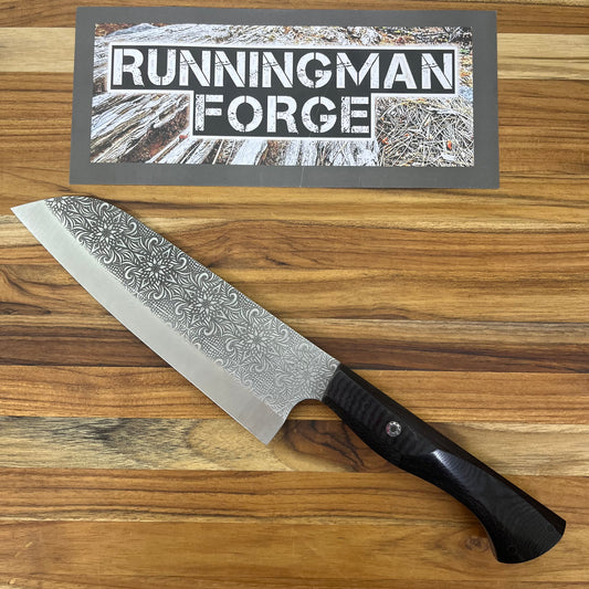 Running Man Forge Semi-Custom 170mm (6.75") Santoku w/ Laser Engraving & Black Micarta Handle