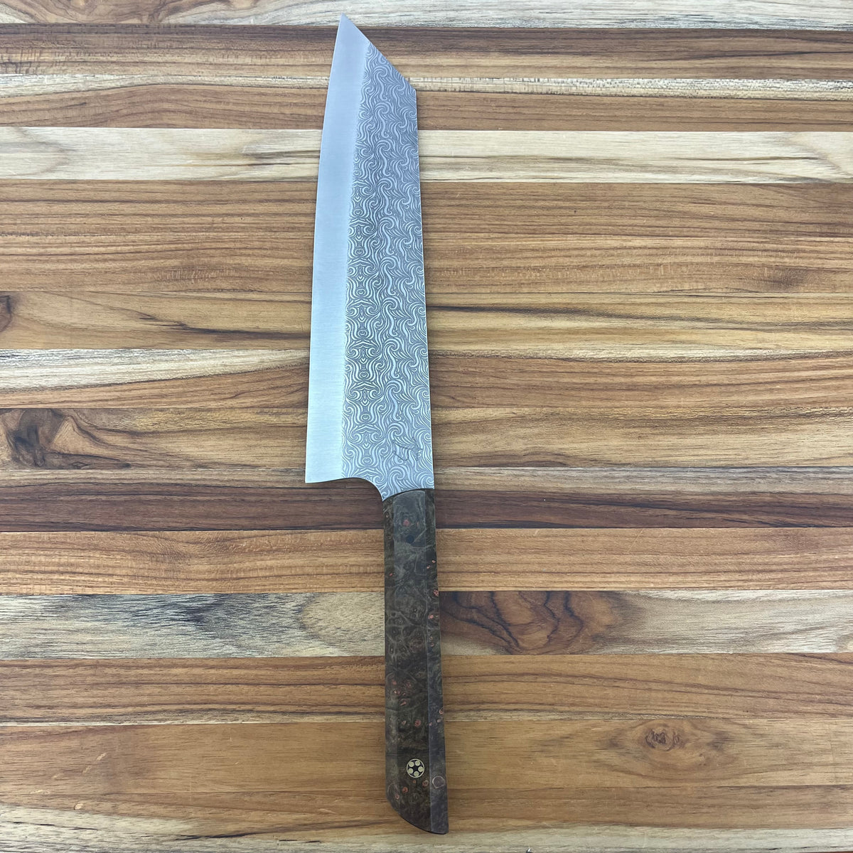 Running Man Forge Semi-Custom 210mm (8.25") Kiritsuke w/ Laser Engraving & Brown/Orange Maple Handle