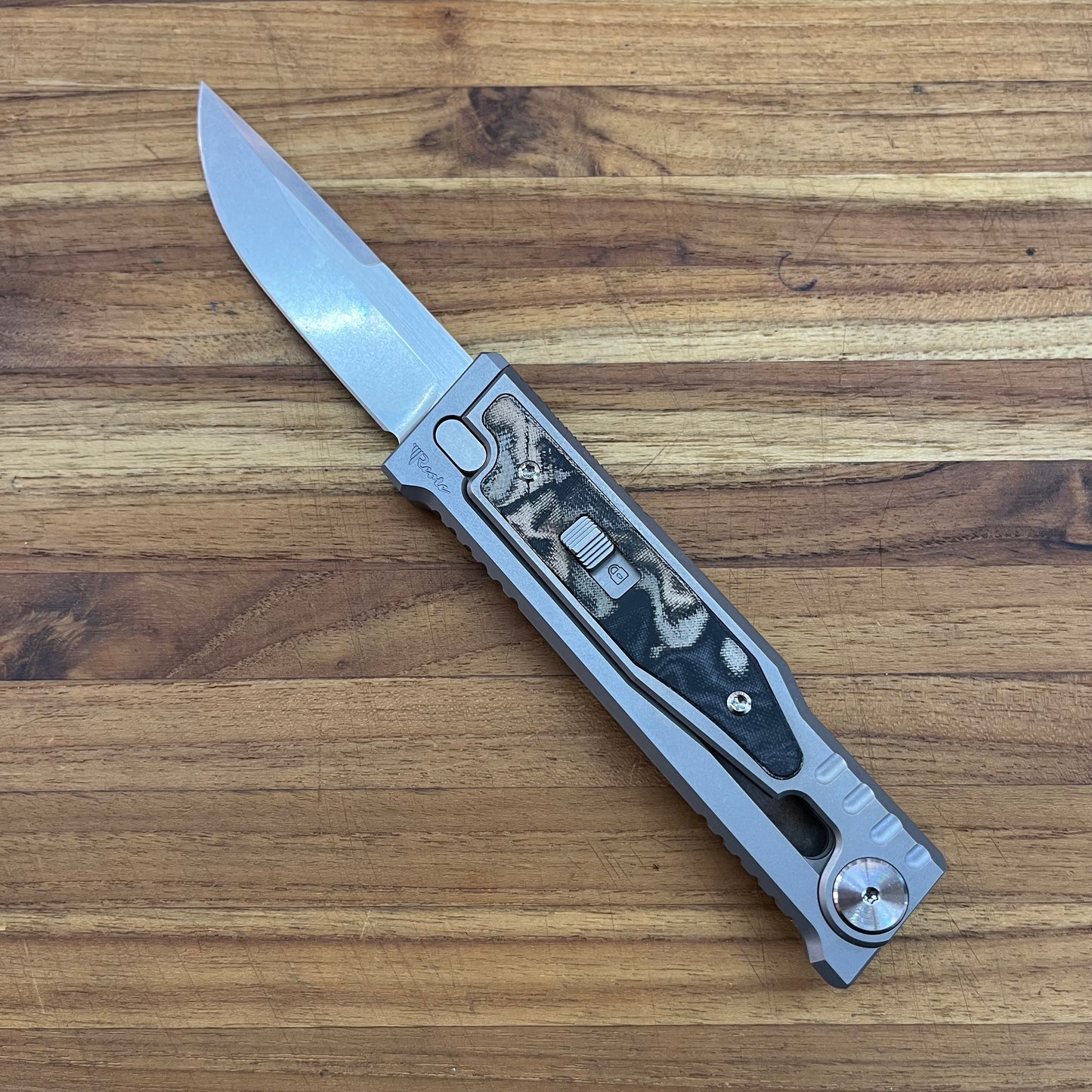 Reate EXO-M 3.25" Drop Point Gravity Knife w/ Burl Camo Handle