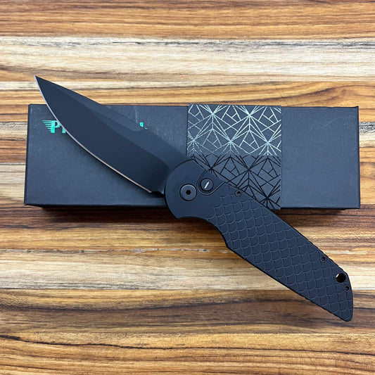 Pro-Tech TR-3 Operator Edition 3.5" All Black Auto w/ Tritium Button & Fish Scale Aluminum Handle