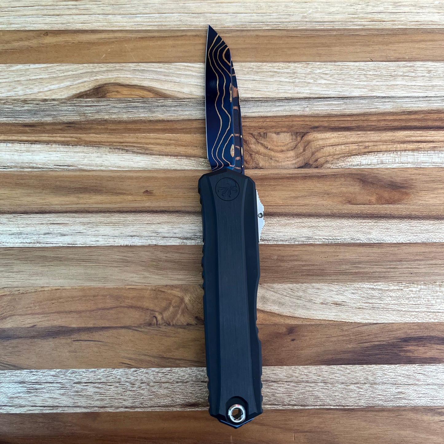 Microtech Signature Series Marfione Select Blued Baker Forge S/E Coppermai Damascus Cypher II Gen III 3.25" OTF w/  Hefted Black Aluminum Handle & Tritium Insert