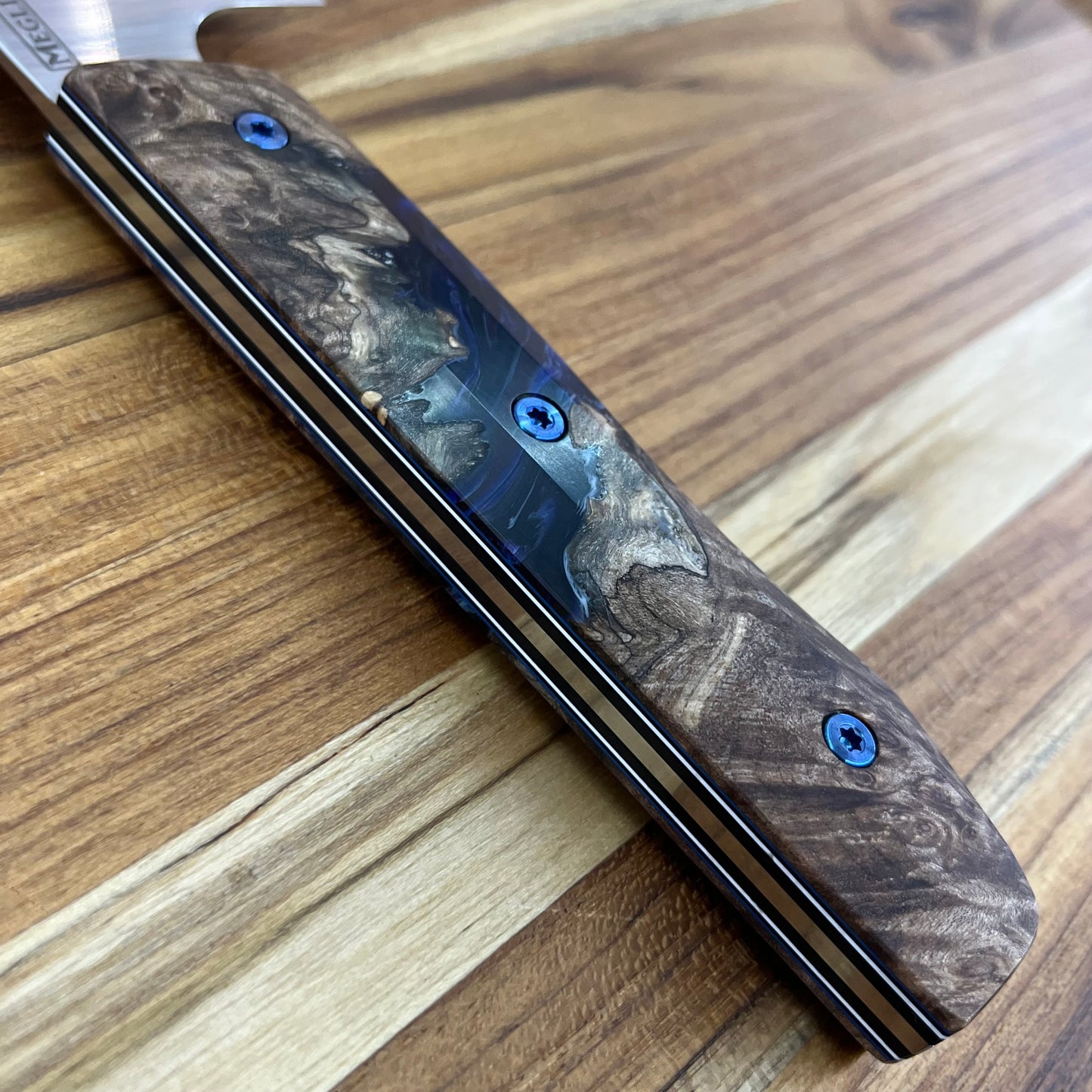 Meglio Blade Show Semi-Custom 6.5" Satin Kiritsuke w/ Spalted Maple Burl & Dark Blue Resin Handle