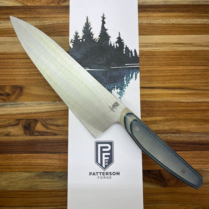 Patterson Forge Semi-Custom 200mm (8") Chef's Knife w/ White & Blue Paper Micarta Handle