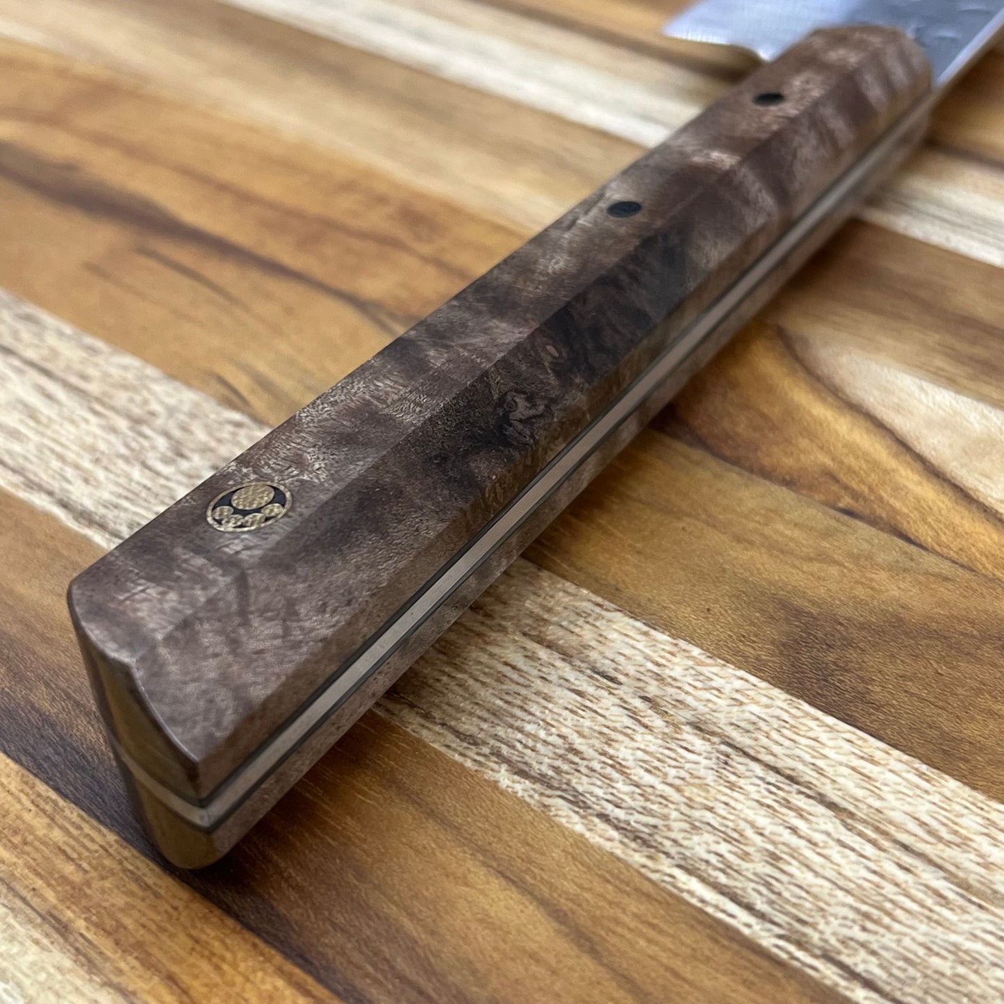 Running Man Forge Custom 150mm (6") Thin Forged Petty w/ Brown Maple Burl Handle & Gold Mosaic Inlay