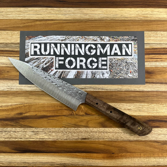 Running Man Forge Custom 150mm (6") Thin Forged Petty w/ Brown Maple Burl Handle & Gold Mosaic Inlay