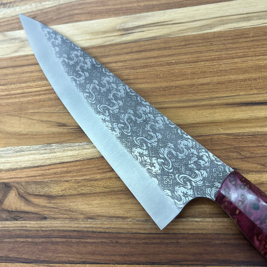 Running Man Forge Semi-Custom 210mm (8.25") Chef's Knife w/ Laser Engraving & Magenta Maple Handle