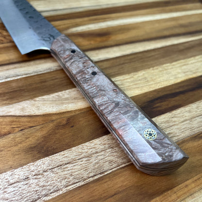 Running Man Forge Custom 150mm (6") Thin Forged Petty w/ Smoky Brown Maple Burl Handle & Gold Mosaic Inlay