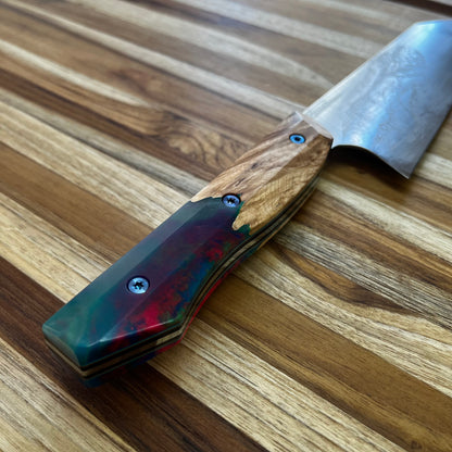 Meglio Semi-Custom 7.5" Satin K-Tip Gyuto w/ Lasered Abstract Beauty & Maple Burl and Electric Resin Handle