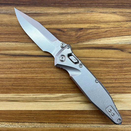 Microtech Marfione Select Socom Ram-Lok Spear Point 4" Folding Knife w/ Stonewashed Titanium & Blue Accented Handle