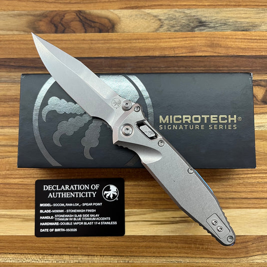 Microtech Marfione Select Socom Ram-Lok Spear Point 4" Folding Knife w/ Stonewashed Titanium & Blue Accented Handle