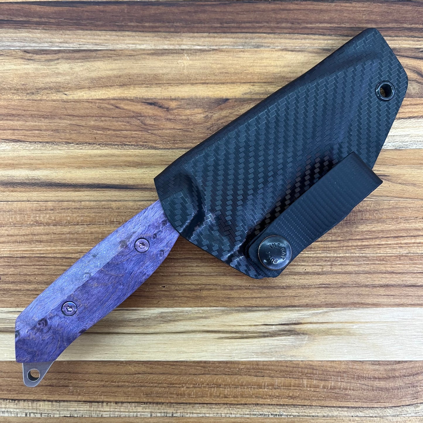 Meglio Blade Show Semi-Custom H-Series 4" Outdoor Kitchen Knife w/ Lasered Pulp Fiction & Purple Bird's Eye Maple Handle