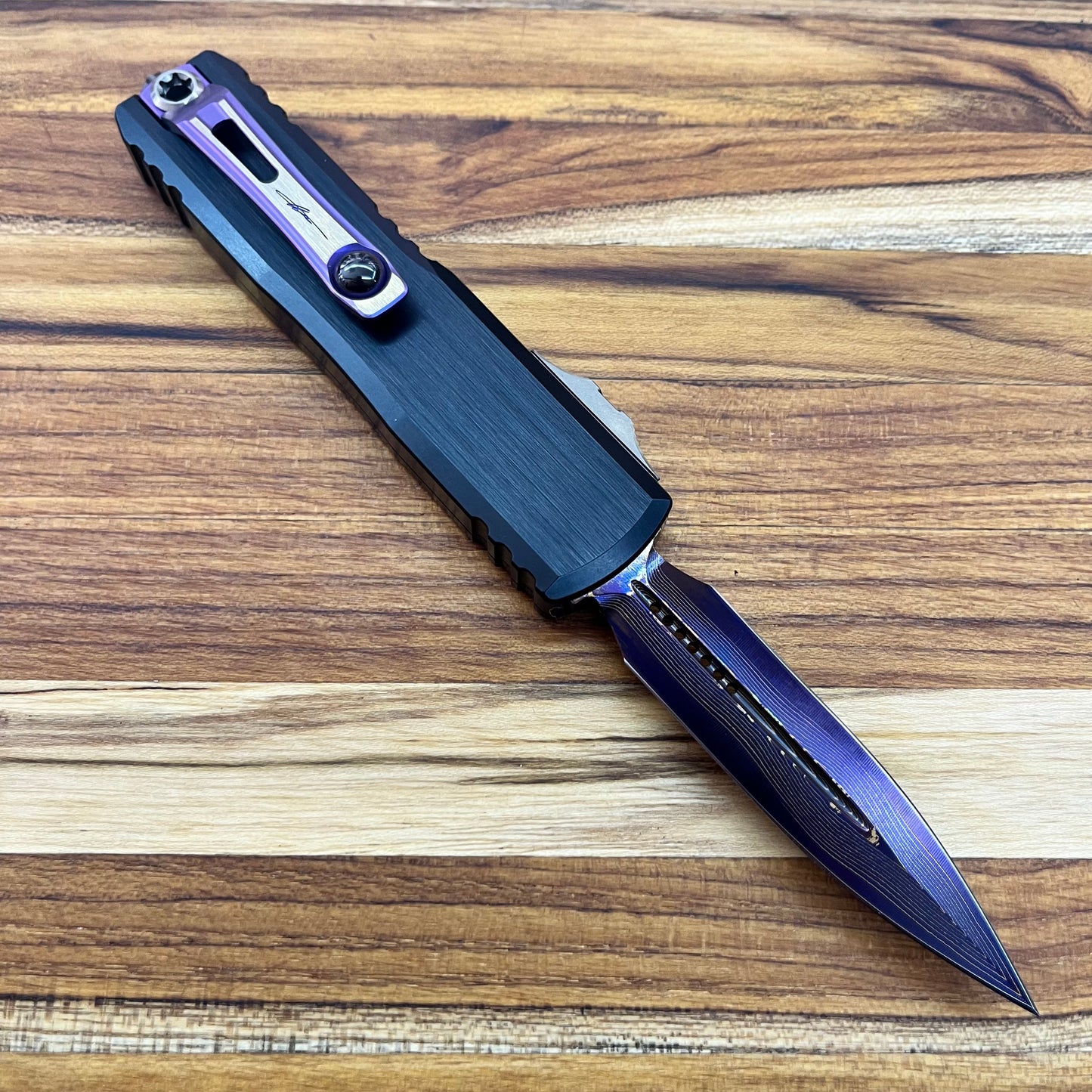 Microtech UTX-85 Gen III D/E 3" OTF Marfione Select Blued Baker Forge Coppermai Damascus w/ Purple Titanium Accent