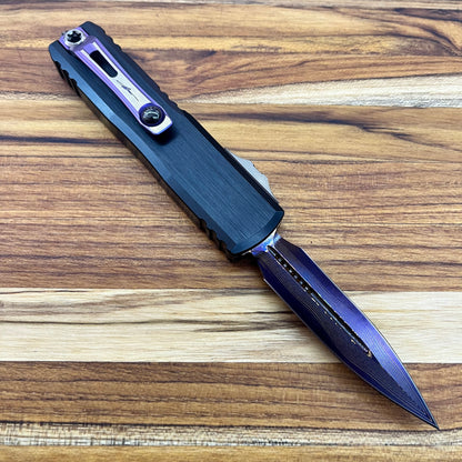 Microtech UTX-85 Gen III D/E 3" OTF Marfione Select Blued Baker Forge Coppermai Damascus w/ Purple Titanium Accent