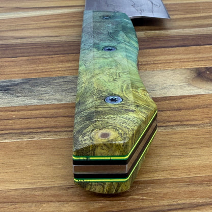 Meglio Blade Show Semi-Custom 10" Western Chef's Knife w/ Lasered Abstract Beauty & Green/Yellow Box Elder Handle
