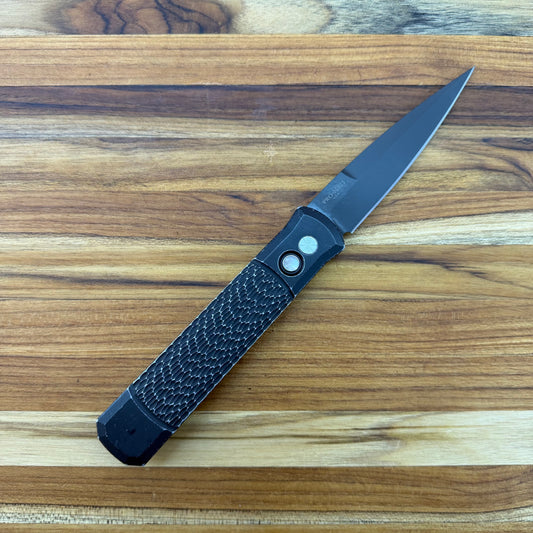 Pro-Tech Godfather 4" Left-Handed Auto w/ Black Battleworn Jigged Handle