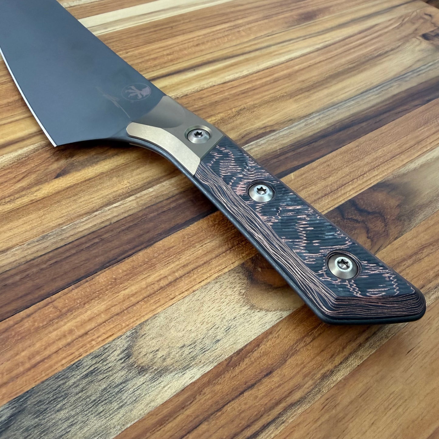 Microtech Signature Series Culinary 8" DLC Chef's Knife w/ Bronze Titanium Bolster & Livewire Carbon Fiber Handle