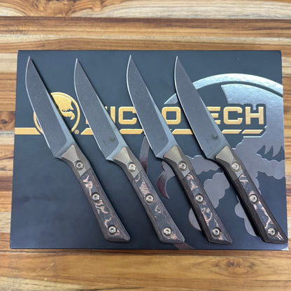 Microtech Signature Series Culinary 4pc DLC Steak Knife Set w/ Bronze Titanium Bolster & Livewire Carbon Fiber Handle
