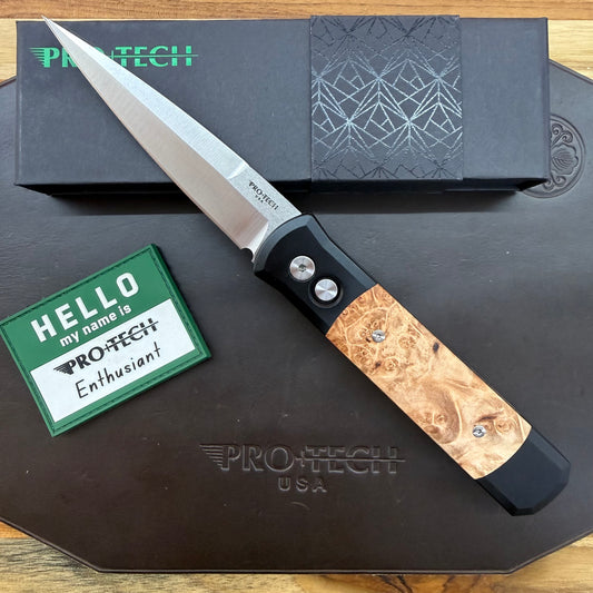 Pro-Tech Godfather 4" Satin Auto w/ Black Aluminum Handle & Maple Burl Wood Inlay