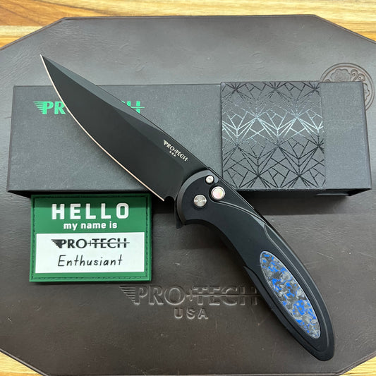 Pro-Tech *Limited Edition* Cambria Flipper 3.5" Folding Knife w/ Black Lip Pearl on Black Aluminum & TechnoCarbo Blue Inlay