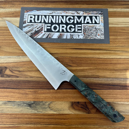 Running Man Forge Ready Series 200mm (8") Carbon Steel Chef's Knife w/ Turquoise Maple Burl Handle