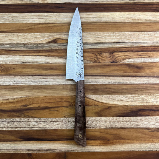 Running Man Forge Custom 150mm (6") Thin Forged Petty w/ Brown Maple Burl Handle & Gold Mosaic Inlay