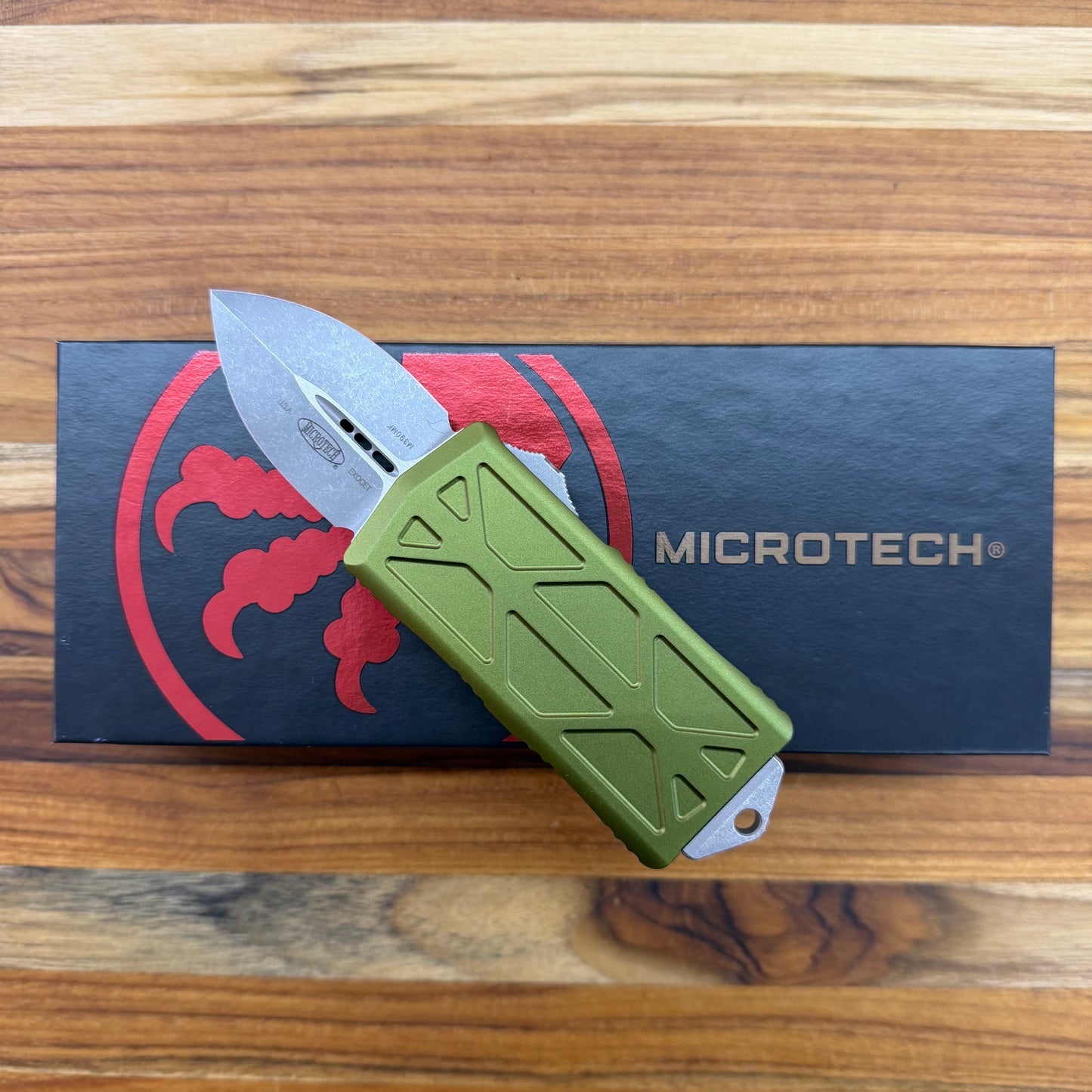 Microtech Exocet D/E 2" OTF w/ OD Green Aluminum Handle & Money Clip