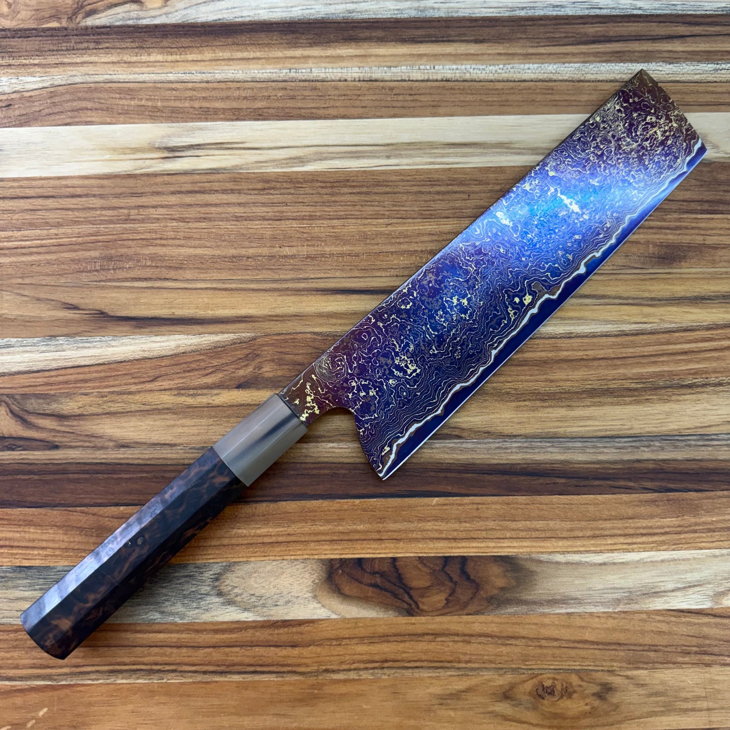 Tung Dao Custom 216mm (8.5") Nakiri w/ Gold & Red Coppermai Damascus & Kháo Burl Wa Handle