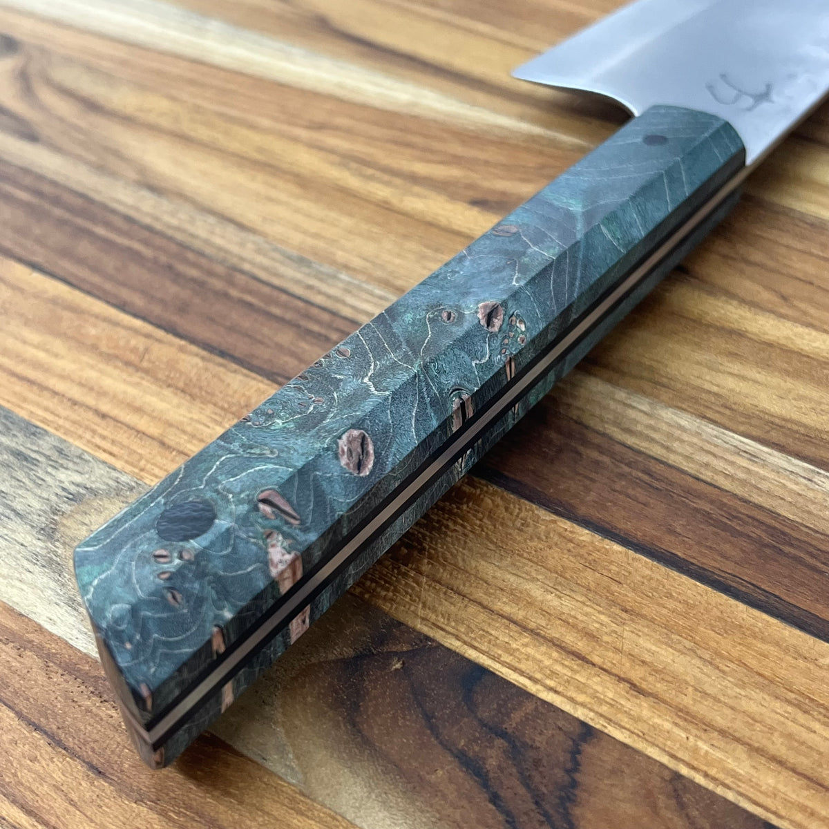 Running Man Forge Ready Series 200mm (8") Carbon Steel Chef's Knife w/ Turquoise Maple Burl Handle
